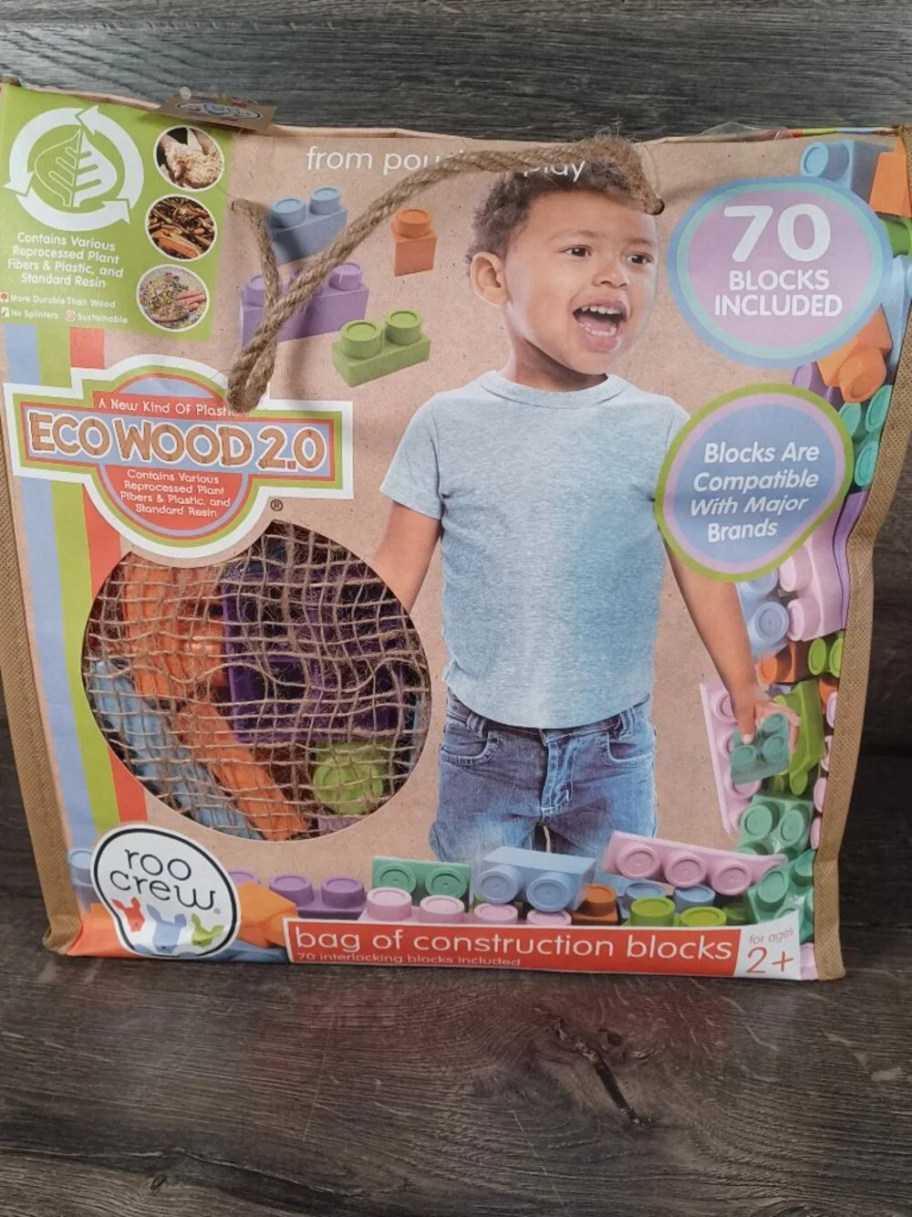 NIB Eco Wood Bag of 70 Construction Building Blocks Roo Crew